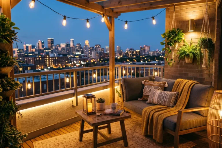 Cozy balcony with warm ambient lights