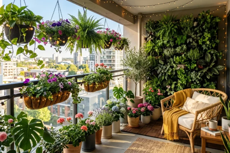 Small balcony with stylish green plants