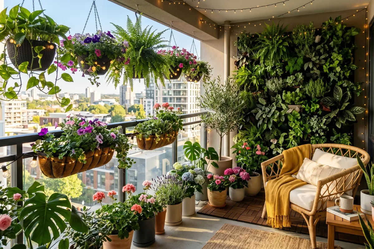 Small balcony with stylish green plants