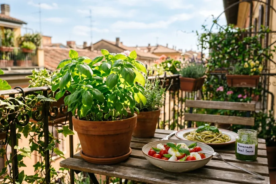 Basil Herb Growing In Pot