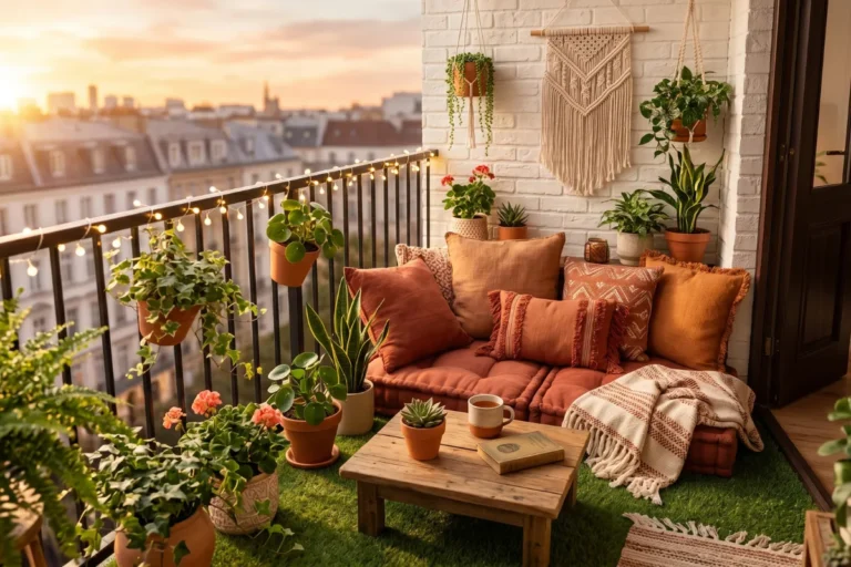 Budget balcony makeover for small stylish apartment homes with cozy decor and green plants