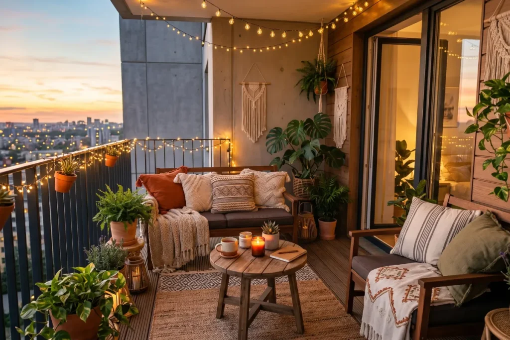 Cozy balcony with plants and warm lighting
