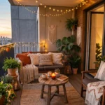 Cozy balcony with plants and warm lighting