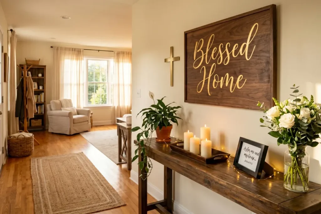Home blessing decor ideas with candles and faith signs