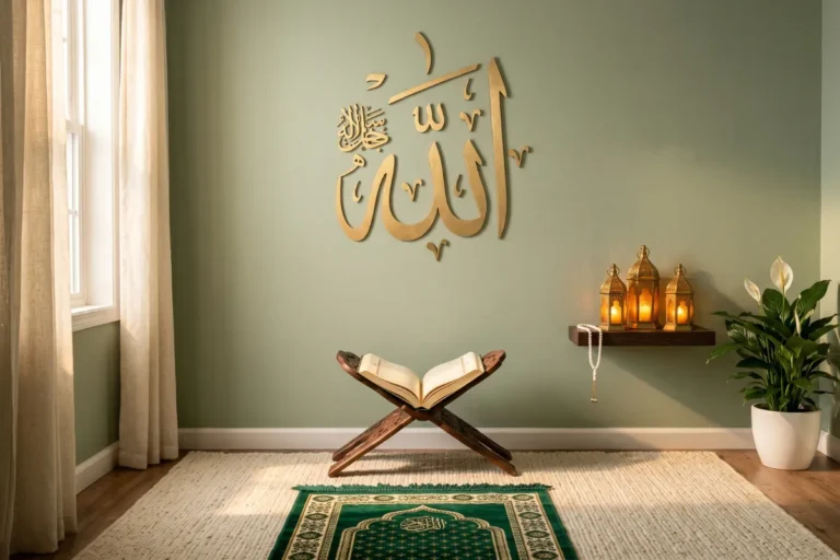 Prayer room decor ideas with calligraphy and soft lighting