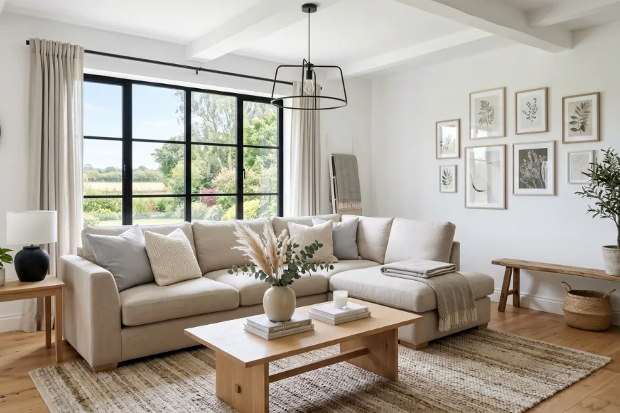 Neutral farmhouse living room style