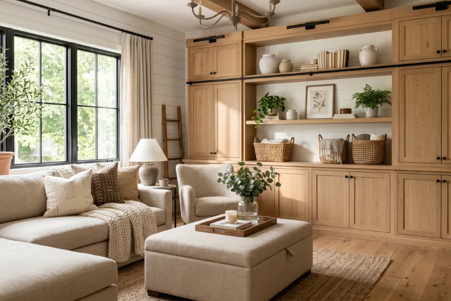 Farmhouse living room storage solutions