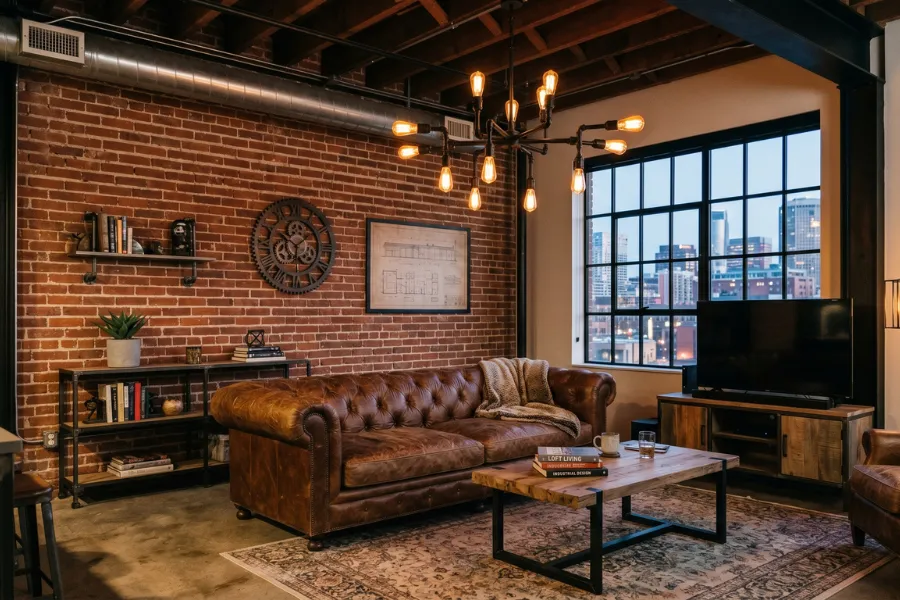 Industrial light fixtures in living room