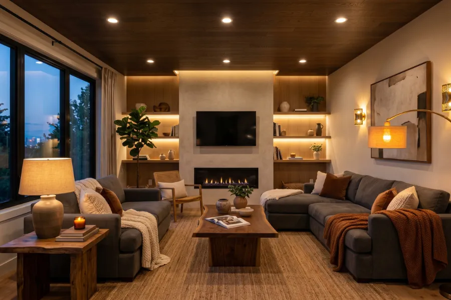 Layered lighting in modern living room