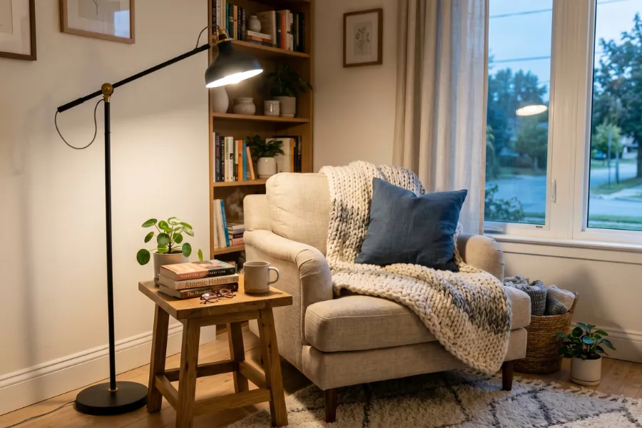 Cozy reading corner with floor lamp