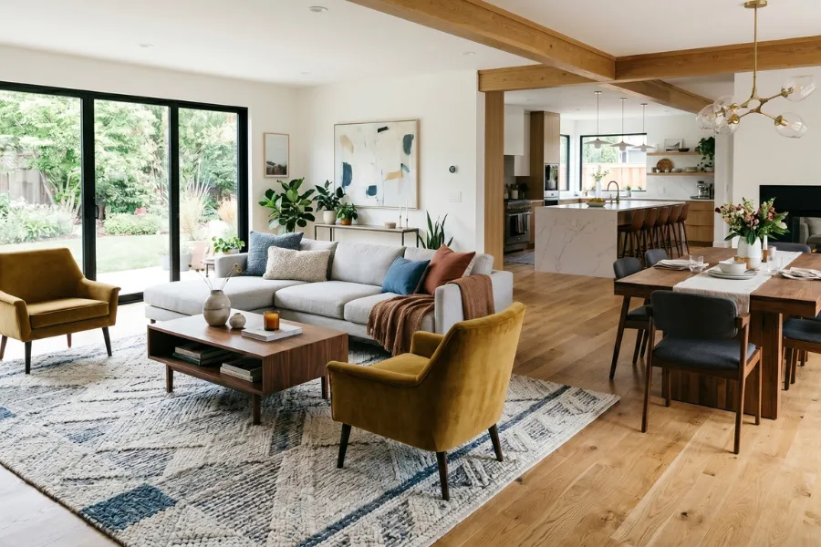 open concept living room rug design