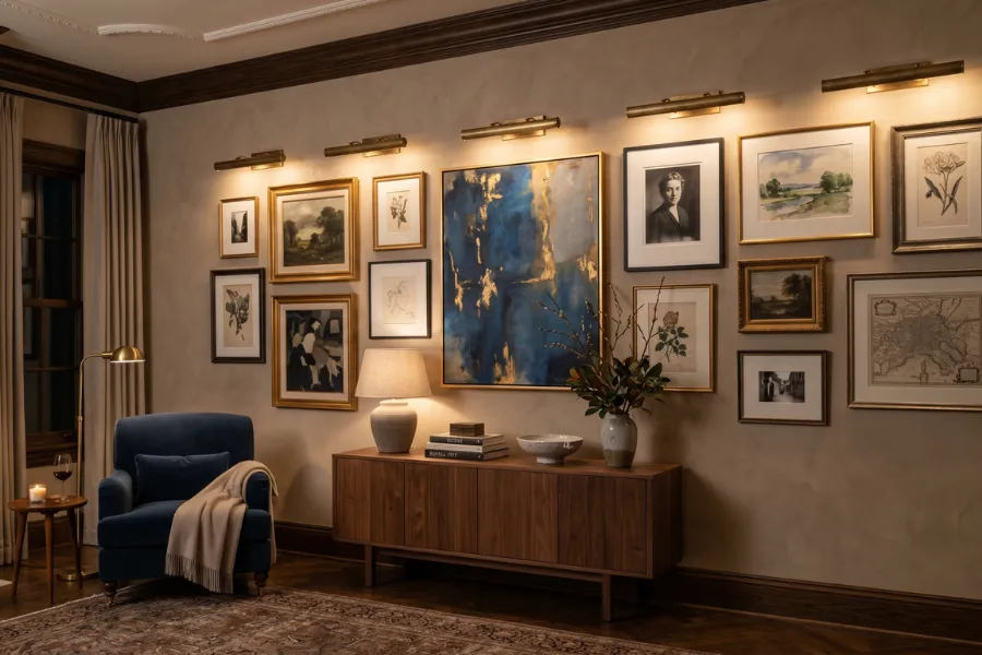 Picture lights above framed artwork