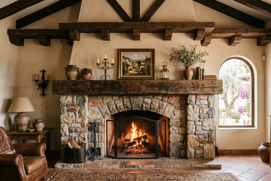 Rustic wood mantel