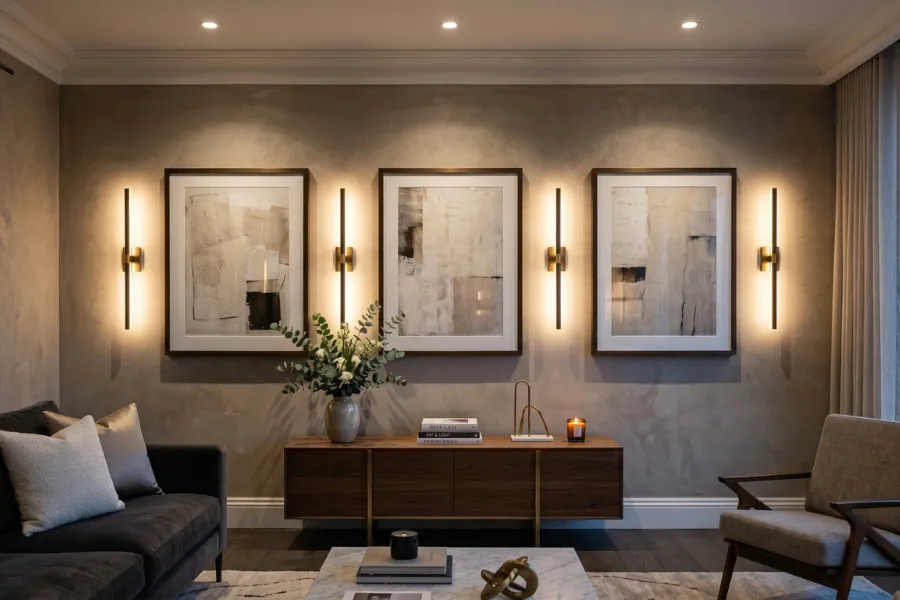 Wall sconces highlighting artwork