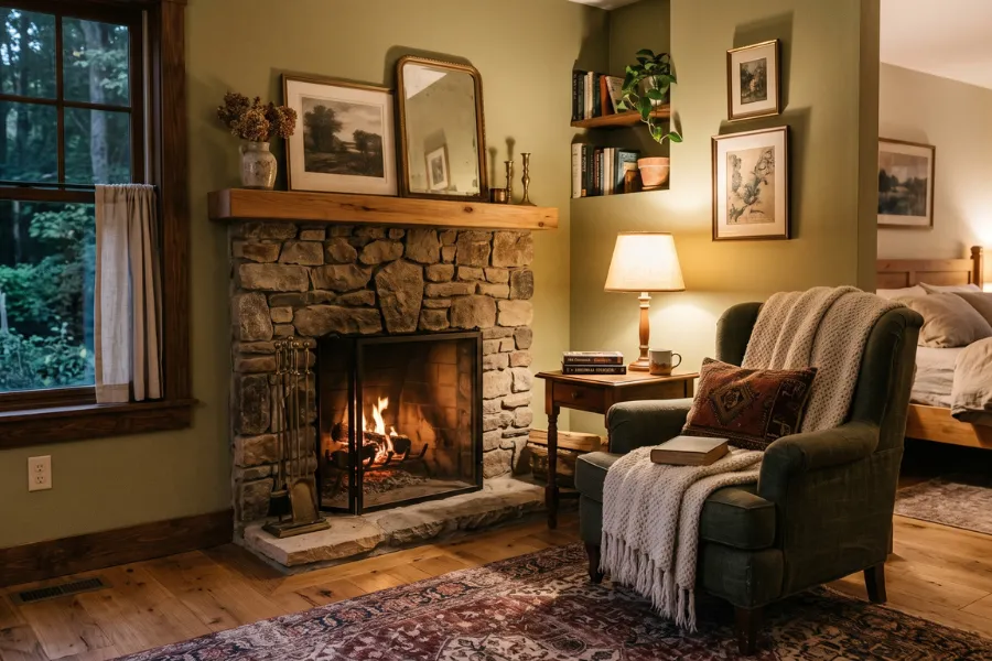 Cozy bedroom fireplace corner