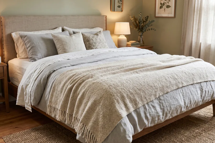 Layered linen bedroom bedding