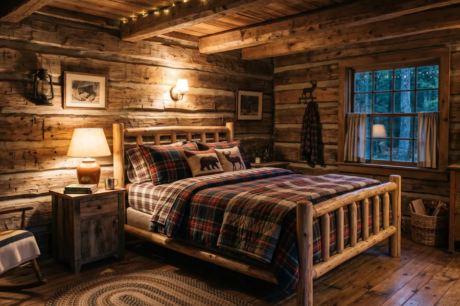 Rustic log cabin bedroom