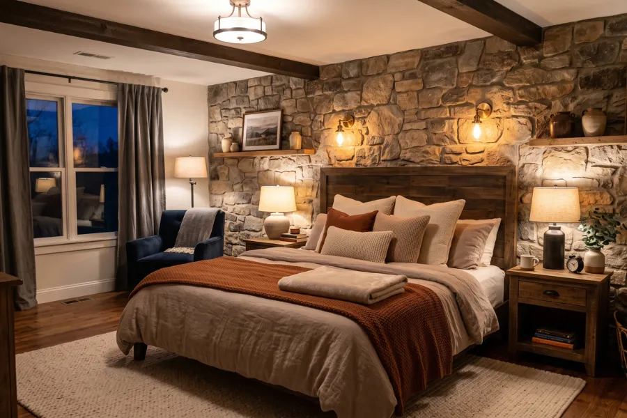 Stone accent wall bedroom