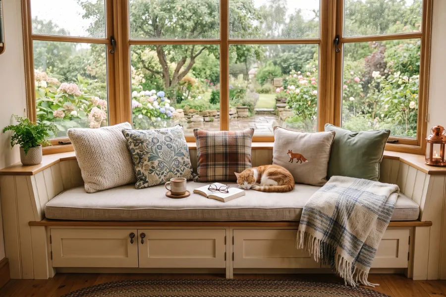Cozy bedroom window bench