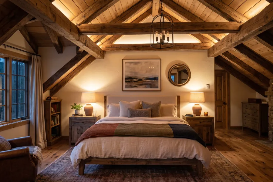 Wooden beam ceiling bedroom