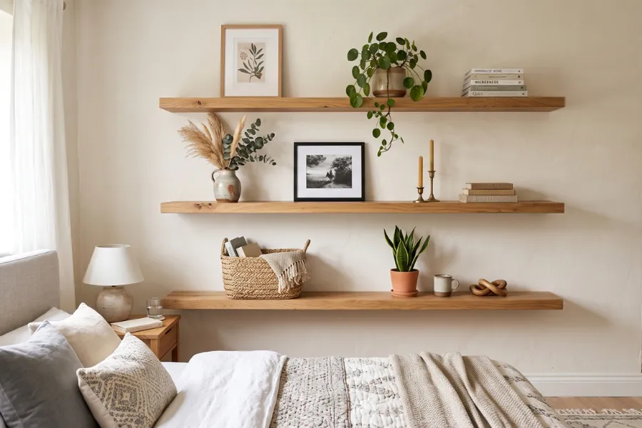 Wooden bedroom floating shelves