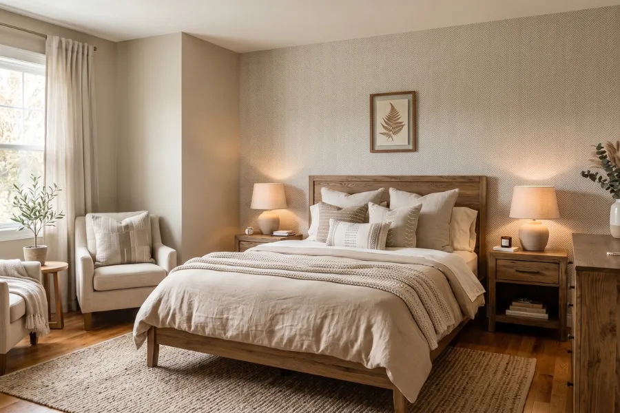 Neutral beige bedroom wallpaper