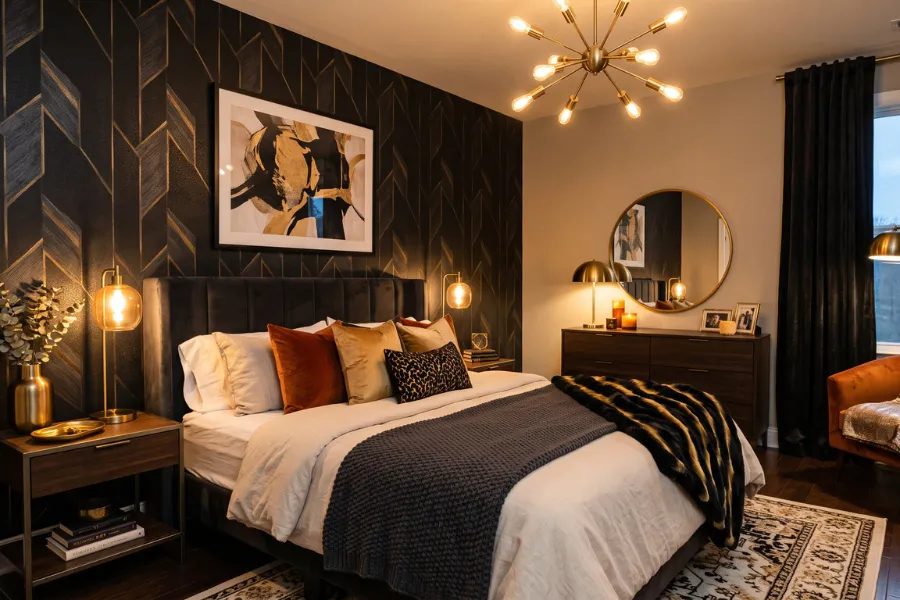 Black accent wallpaper bedroom design