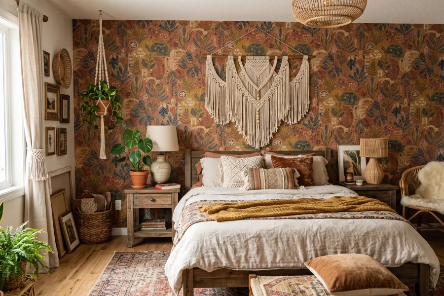 Boho bedroom wallpaper accent wall