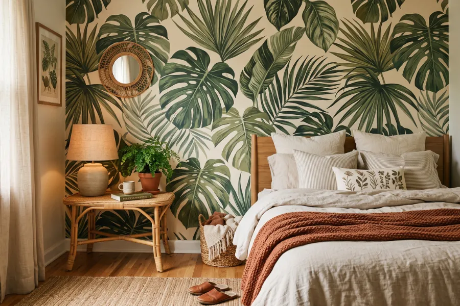 Botanical leaf wallpaper for bedroom