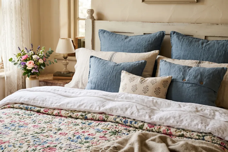 cottage bedroom layered textiles comfort