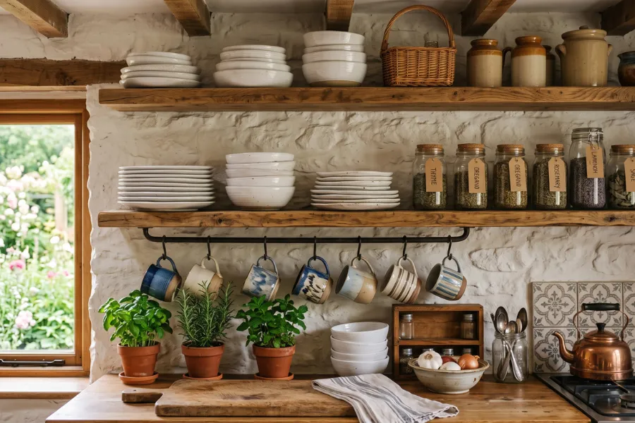 cottage kitchen open shelving decor
