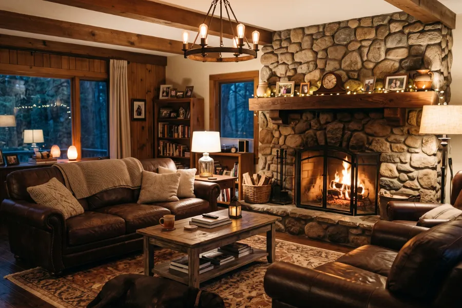 Cozy stone fireplace room