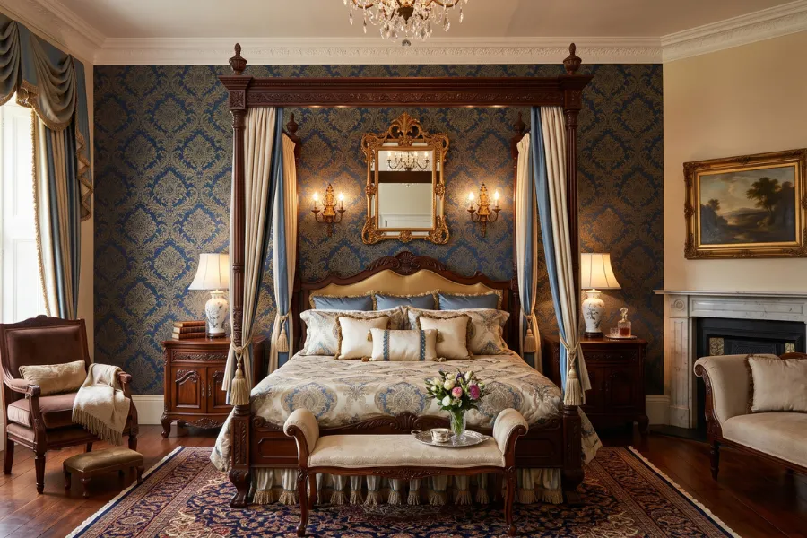 Damask wallpaper bedroom wall decor