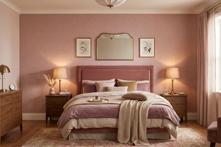 Dusty pink bedroom wallpaper design