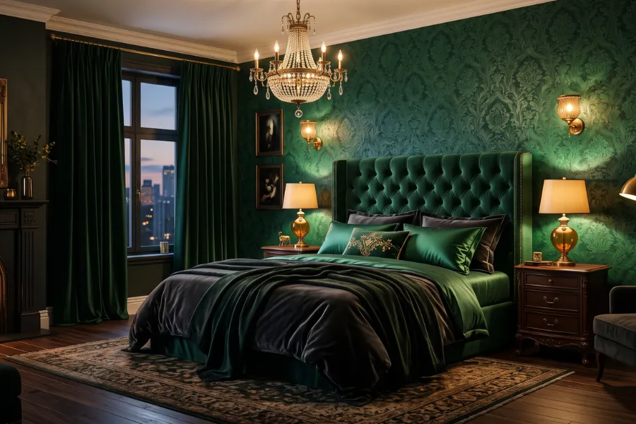 Emerald green bedroom wallpaper decor