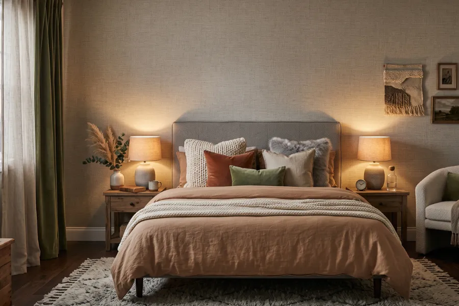Fabric finish wallpaper bedroom decor