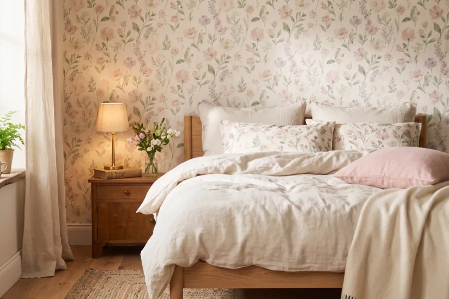 Floral wallpaper bedroom accent wall