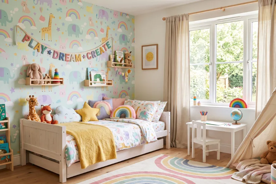 Kids bedroom wallpaper decor idea