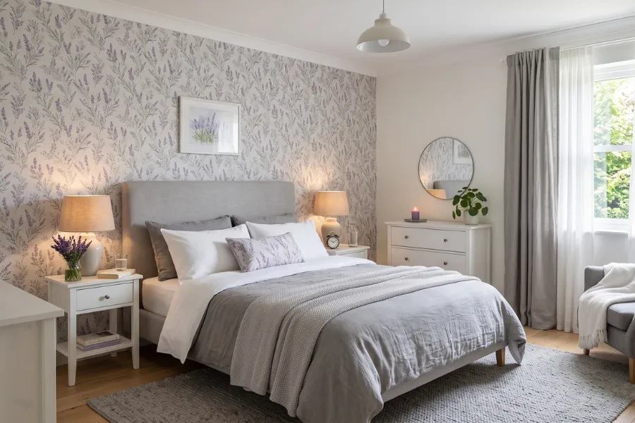 Lavender bedroom wallpaper accent