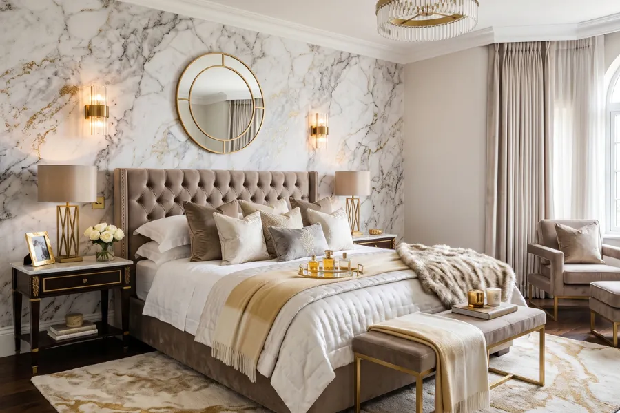 Marble effect wallpaper bedroom wall