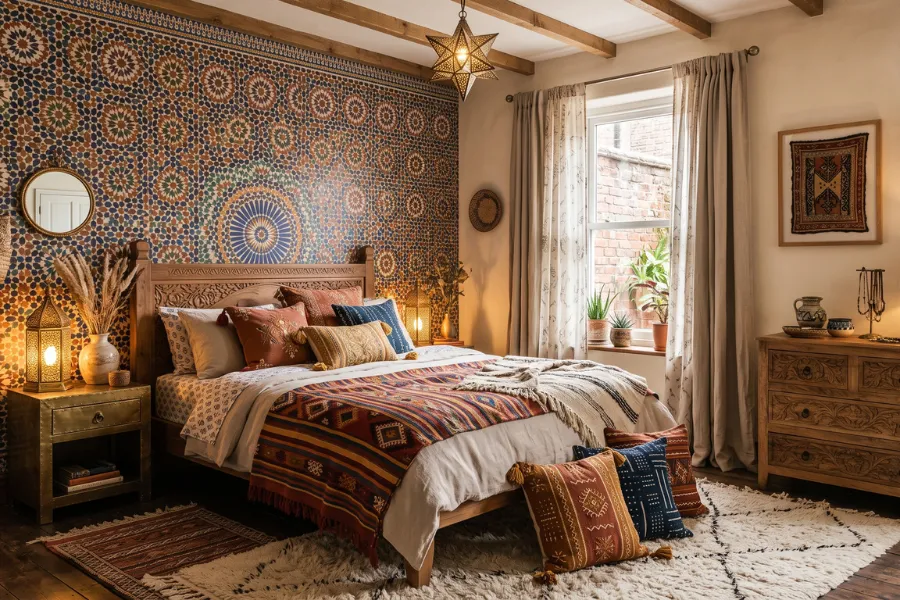 Moroccan pattern bedroom wallpaper