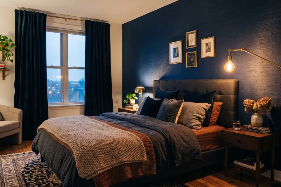 Navy blue wallpaper bedroom wall