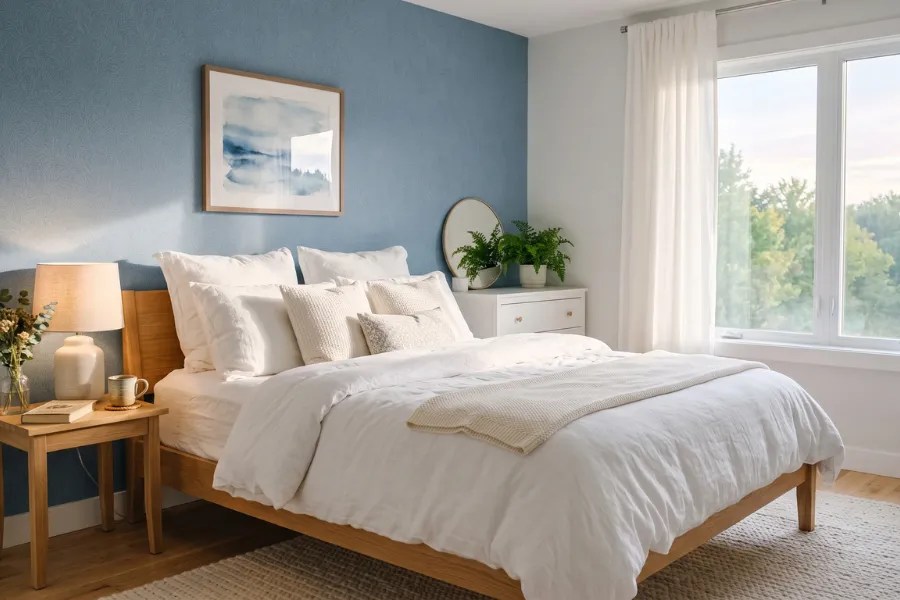 Soft blue wallpaper bedroom wall
