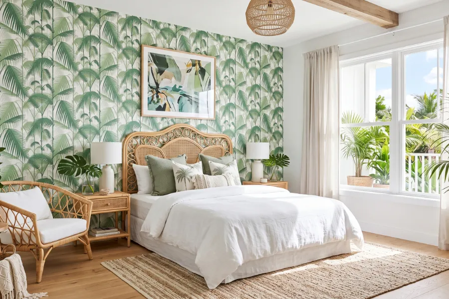 Tropical palm print bedroom wallpaper