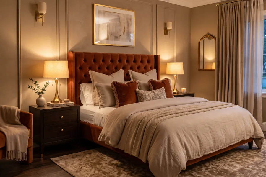Velvet headboard bedroom
