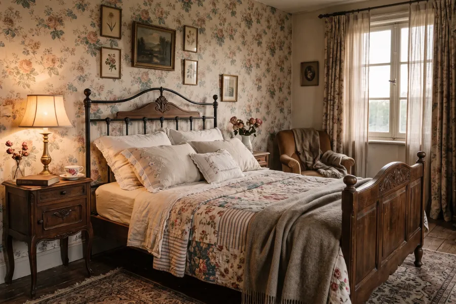 Vintage floral wallpaper bedroom decor