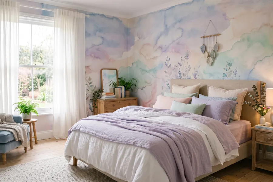 Watercolor wallpaper bedroom design