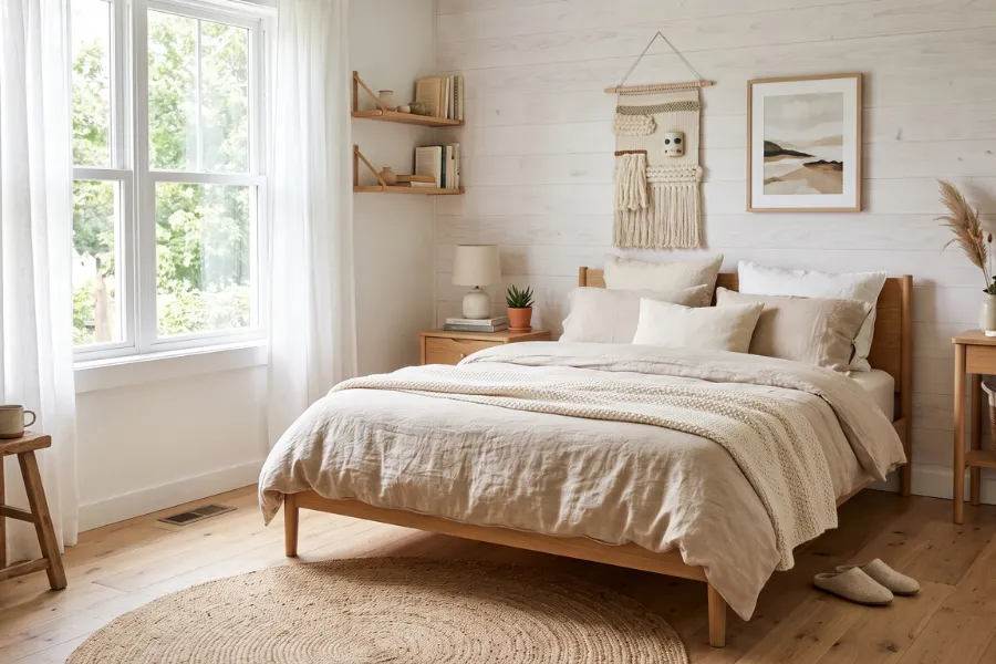 Whitewashed bedroom walls