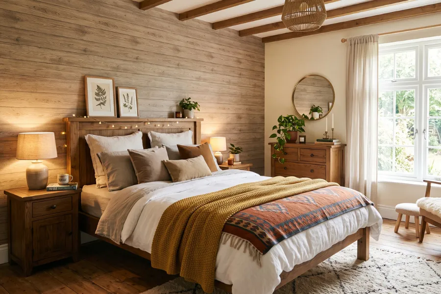 Wood panel wallpaper bedroom wall