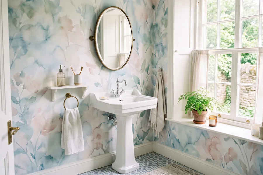 Watercolor small bathroom wallpaper